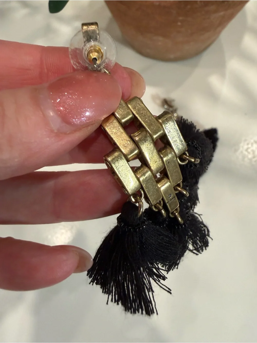 J. Crew Black Crystal Link Tassel Earrings